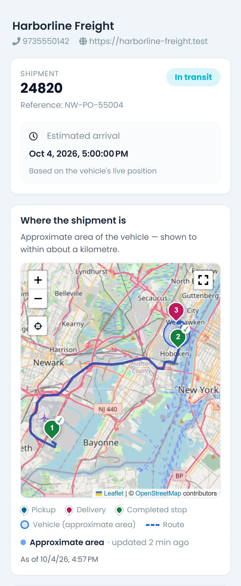 The tracking page on a phone: shipment 24820 with its reference, In transit, the estimated arrival, and the map with numbered stops, the road route and the truck's approximate area