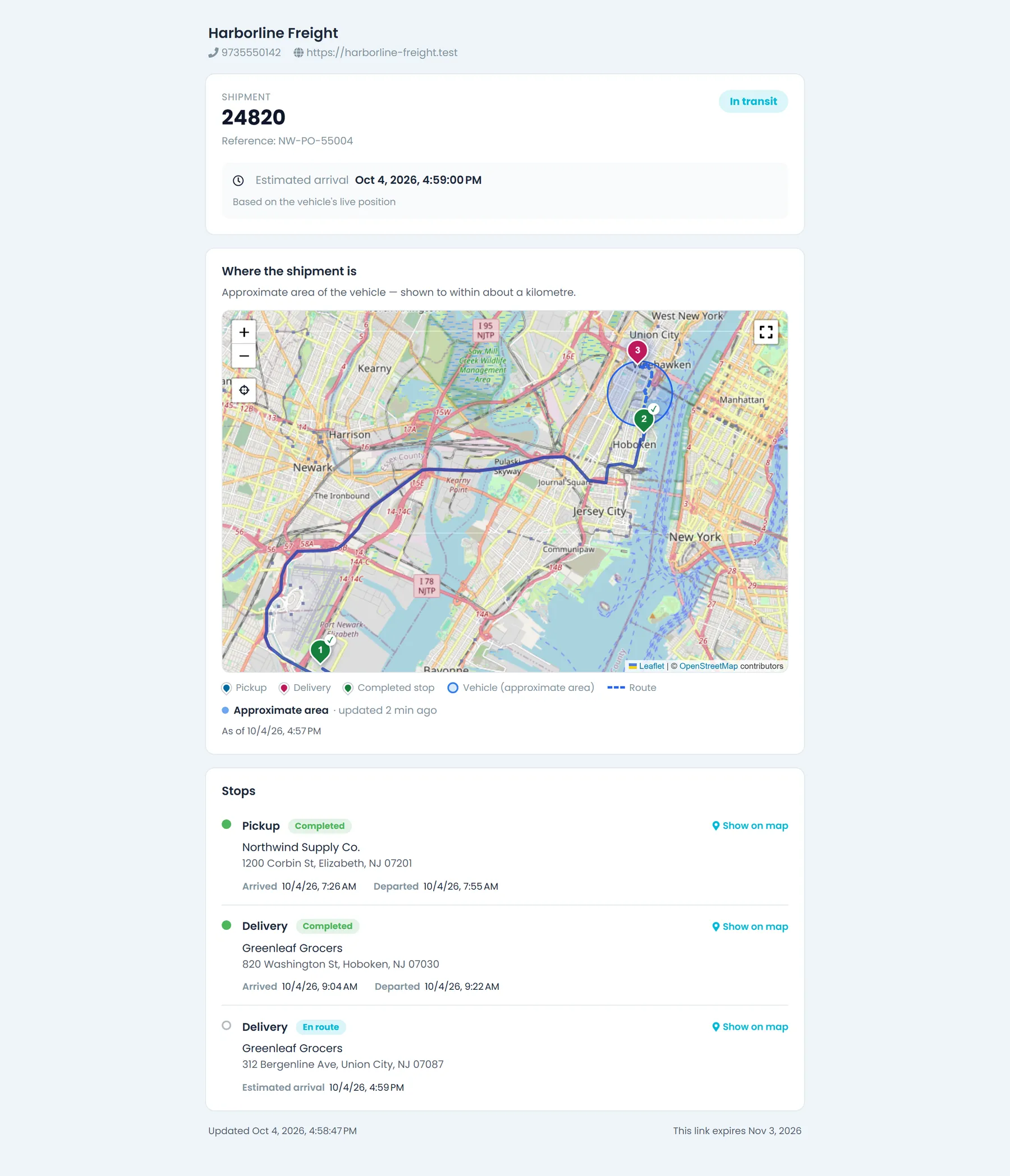 A RushHour public tracking page with the shipment in transit, an estimated arrival, the stops on a map and the vehicle's approximate area